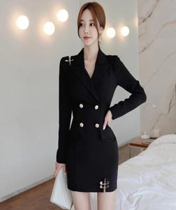 Automne vintage Notched Double Breasted Elegant Women039 Office Blazer Robes crayons manches Bodycon Ladies Work Mini Dress Cas1268444