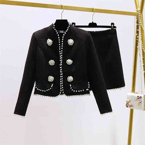 Otoño Invierno Negro Tweed Dos piezas Set Mujeres Perls Pearls Short Woolen Chaqueta Abrigo + Mini Skirt Outfits 210514