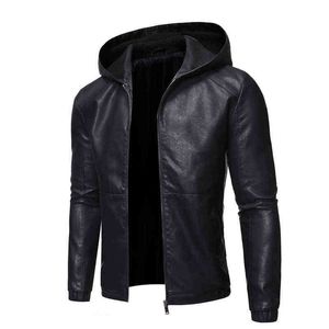 Otoño Invierno Slim Fit Oversize para hombre con capucha chaqueta de cuero de la motocicleta Faux Leather Moto Biker Jacket Men Black Pu Jacket Male 3xl L220725