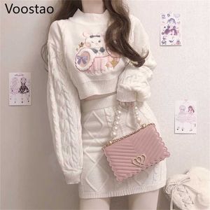 Otoño invierno dulce lolita estilo falda conjuntos japoneses niñas lindo conejo bordado kintted suéter faldas primavera mujeres 2pc set 211221