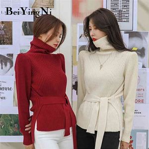 Otoño Invierno cuello alto fajas Split Casual coreano Chic suéter de punto mujeres Jumper pulóver señoras negro Rosa Tops 210506