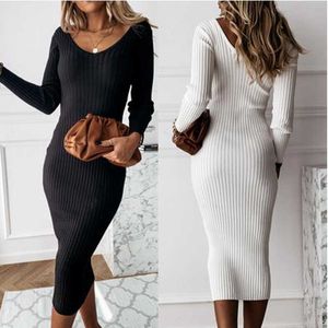 Otoño Invierno V Cuello Sólido Pit Strip Manga larga Slim Mujeres Vestidos Elegante Blanco Básico Bodycon Sexy Party Club Midi 210526