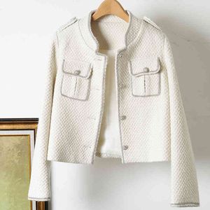 Otoño invierno blanco negro lana chaqueta clásica mujeres cuentas hechas a mano tweed abrigo de lana damas manga larga soporte bolsillo abrigo 210416