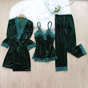 Autumn Winter Women 3pcs Pajamas Set Velvet Lace Trima Sleepwear Kimono Bassbe Vestido Sexo Pijamas traje de ropa de hogar suelta Loungewear