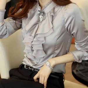 Otoño invierno mujeres gasa camisa de fondo blusa material femenino manga larga soporte tops camisa sin accesorios 210326