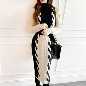 Autumn Winter Women Long Sleeve Turtleneck Patchwork Twist Warm Thick Sweater Female Bodycon Pullover Midi Knitted Dress 210416