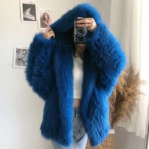 Autumn Winter Women Real Fox Fur Coat 100% Natural Fur Jacket Loose Manual Weave Quality Streetwear Hooded Luxury Knitted Fur 240105