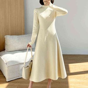 Automne avec manteau midi pull sur le genou longue robe femmes col mi-haut a-ligne tricotée élégante robe femme hiver vestido Y1204
