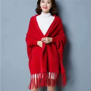 Automne Femmes Tricoté Bat Sleeve Pull Tassel Casual Femelle Jumper Manteau Cape Poncho Châle Swing Cardigans 210427