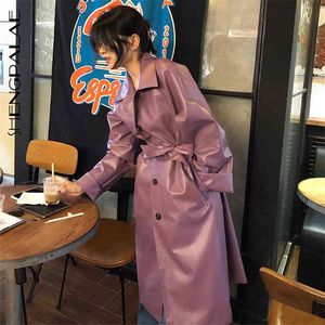 Automne Femmes Trench Coat Coréen Haze Purple PU Cuir Lacet Taille Longue Vintage Simple Bresated 210427