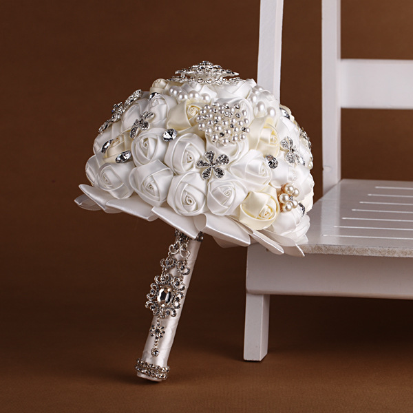 Artificial Pearls Wedding Bouquet Flowers Crystal Beads Silk Rose