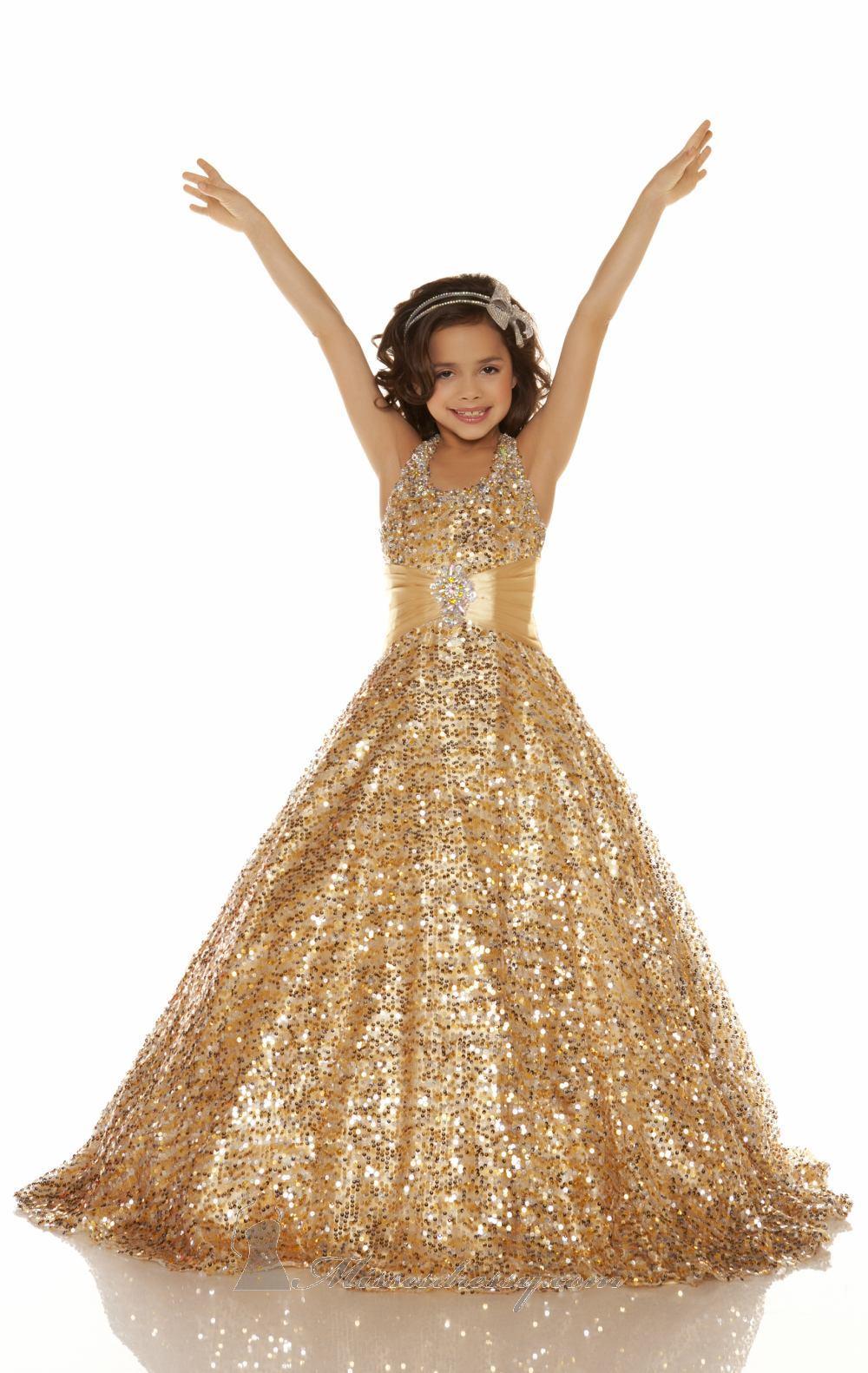 2017 Blingbling Hot Sale Gold Sequins Ball Gown Girl's Pageant Dresses