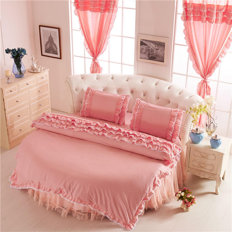 Sweet Round Bed Lace Pink Polka Dots Duvet Cover Set Lace Bow Round Bed