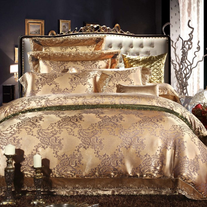 Cream Gold Colored Luxury Jacquard Silk Cotton Lace Bedding Sets Queen