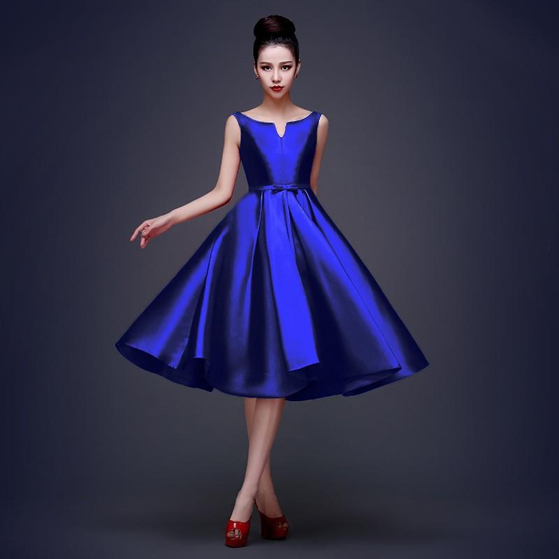 New High Quality Simple Royal Blue Cocktail Dresses Lace Up Tea Length