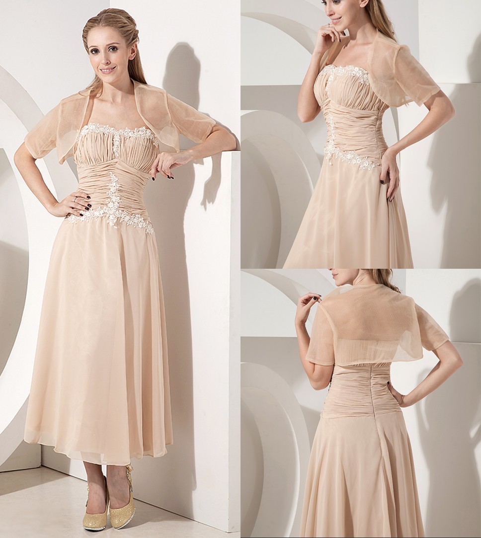 Champagne Tea Length Chiffon Mother Of Bride Dresses With Jackets