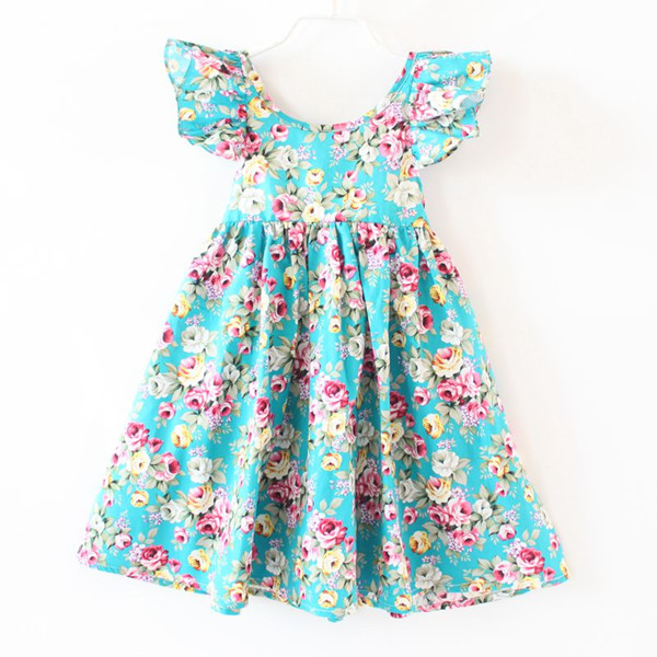 Dress Kids Blue Floral Baby Girls Dress Fluffy Sleeve Backless Baby