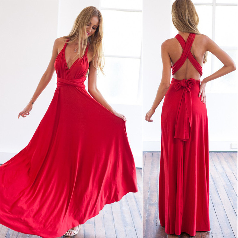 Discount Summer Sexy Women Maxi Dress Red Bandage Long Dress Sexy V
