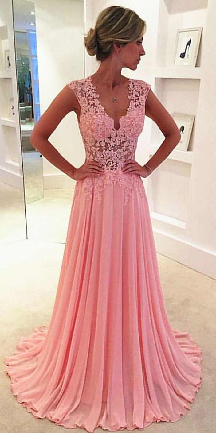 2016 Graduation Dresses Pink Long V Neck Lace Top Prom Dress Illusion
