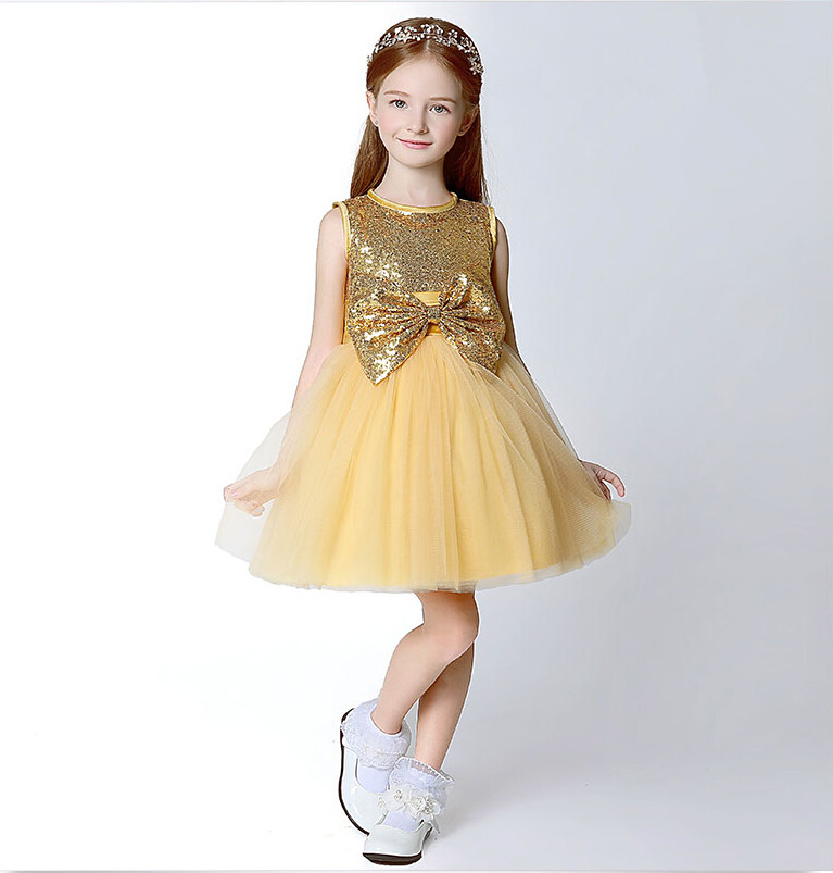 Little Girls Gold Pageant Dresses With Bow Sequins Top Sleeveless Short Kids Birthday Dresses In