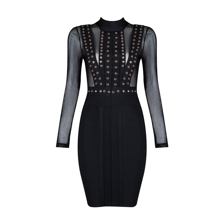 2016 Autumn Sexy Black Mesh Sheer Rivet Studded Long Sleeve Bandage