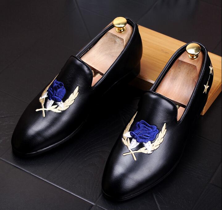 New Top DESIGNER Leather Dress Shoes Men's Casual Embroidered Rose