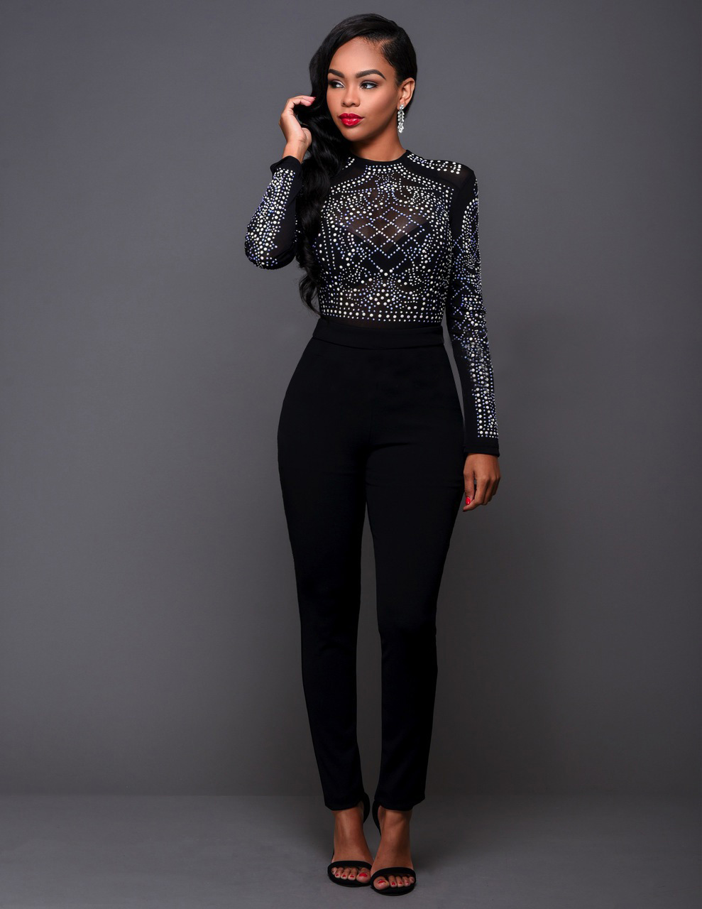 2018 Sexy Bodycon Jumpsuits 2016 New Fashion Long Sleeve Mesh Patchwork