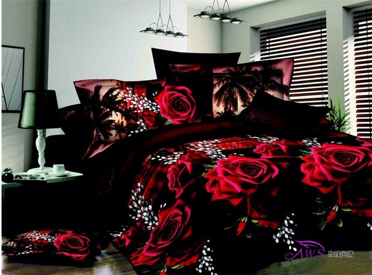 3d Black And Red Rose Bedding Set Quilt Duvet Cover Bed Sheet Bedspread