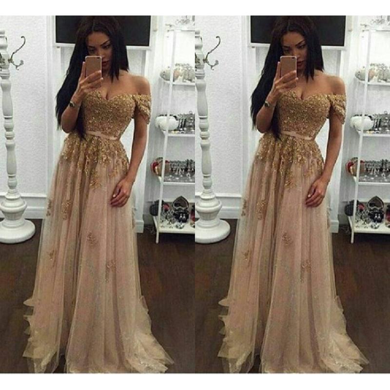 Champagne Beaded Prom Dresses 2017 Fashionable Off The Shoulder Tulle