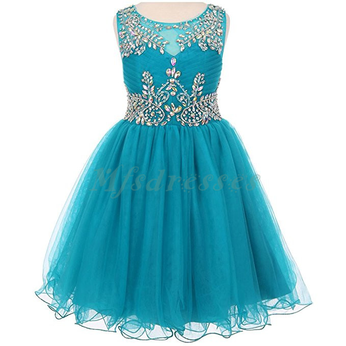 2017 New Teal Tulle Short Girls Pageant Dresses Knee Length Beading