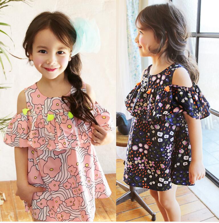 2017 2017 Girls Spring Summer Floral Off Shoulder Dresses Pink Flower