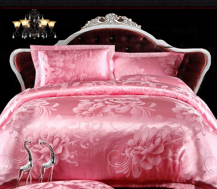 Pink Lace Jacquard Wedding Satin Queen King Size Bedding Set Noble