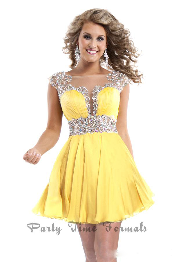 2014 Short Prom Dresses Under 100 Yellow A Line Chiffon Gowns Shiny