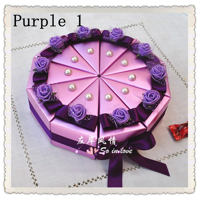 Romantic Purple Candy Boxes Cake Shape Purple Flower Decoration Bowknot