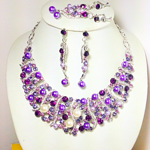 Purple Bridal Jewelry Set Crystal Necklace Earrings 18K GP Zinc Alloy