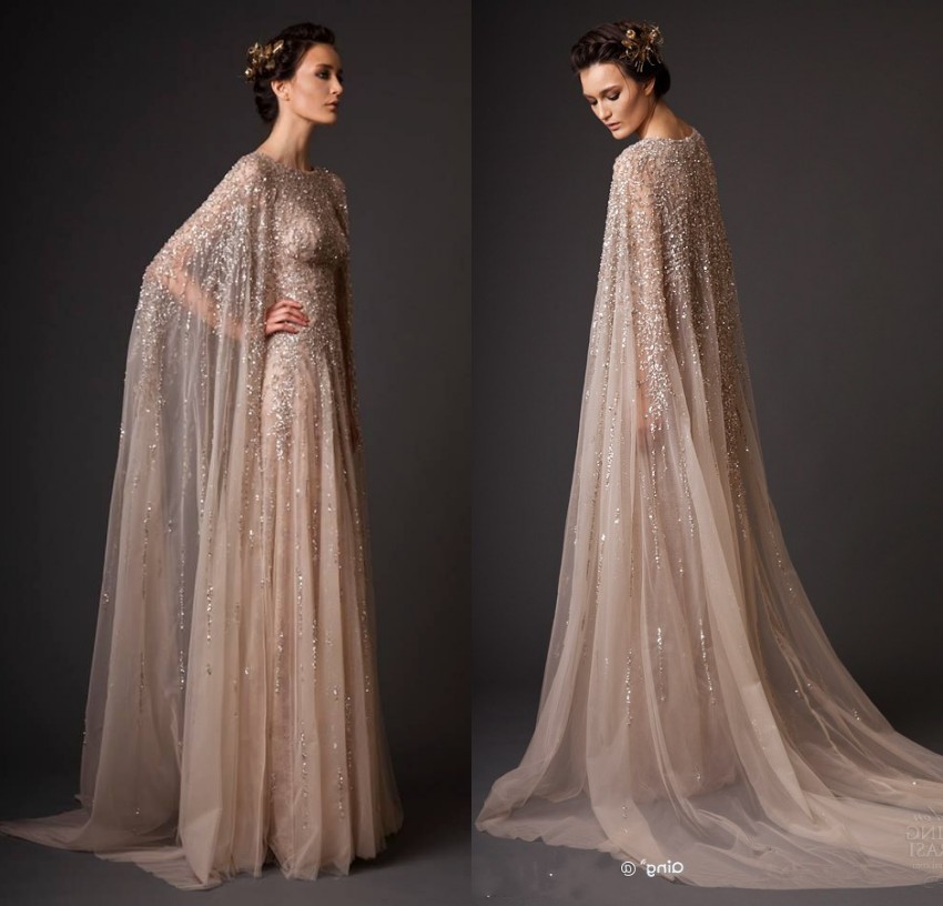 Gorgeous Champagne Shiny Evening Dresses With Long Sleeves Sheer Crew