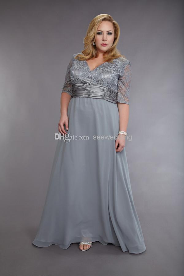 2015 Silver Plus Size Mother Of The Bride Dresses With Sleeves V Neck