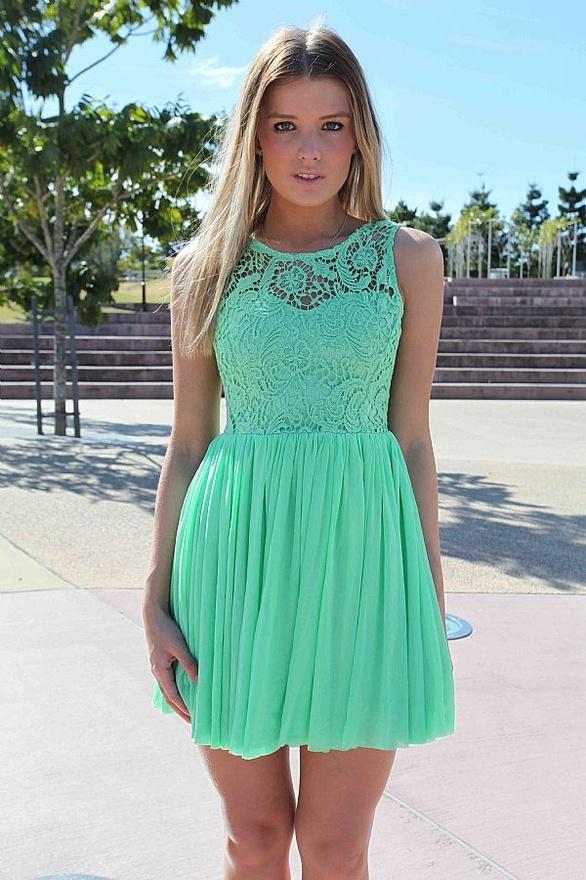 Mint Green Chiffon Lace Short Party Dresses 2015 Hot Selling Sheer Illusion Neck Sleeveless