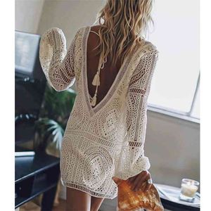 AYUALIN sexy dos nu plage nager coverup robes d'été robe en dentelle blanche femmes tunique robe vintage col en V boho vestidos plus la taille 210806