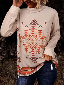 Blusa con cuello vuelto geométrico azteca albaricoque oscuro primavera otoño elegante moda camisa de manga larga Top mujer Allmatch 240125