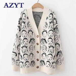 AZYT automne hiver bande dessinée col en V Cardigan femme veste tricots pull manteau décontracté tricot pour les femmes 210914