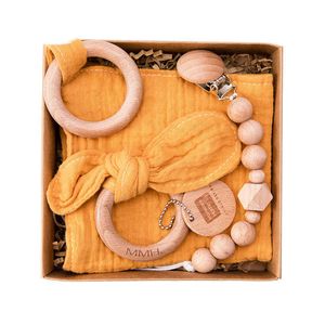 Bébé bavoir coton lapin oreille anneau de dentition en bois 1PC cadeau de douche de bébé perles en bois attache-sucette produits pour bébés pour 0-12 mois né 211117