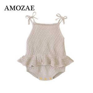 Baby Bodysuit Cute Newborn Girl Outfits Clothes Tops Fashion Summer Toddler Infant Strap Jumpsuit Solid Knitted Kids 210315