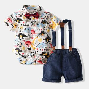 Conjunto de ropa para bebé, 2 unid/set, camiseta de dinosaurio, Pelele de bebé, tirantes, pantalones, ropa de bebé, atuendo