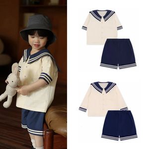 Ensemble de vêtements pour bébé garçon et fille, col marin, en coton doux, uniforme de la marine à la mode, Costume 240325