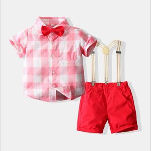 Bébé garçons Gentleman Style vêtements ensembles été enfants chemise à manches courtes avec noeud papillon + short à bretelles 2 pièces ensemble enfants costume garçon tenues