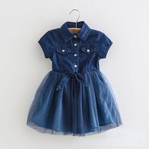 Bébé Robe Fille Denim Top À Manches Courtes Patchwork En Mousseline De Soie Printemps Enfant Vêtements D'été Princesse Automne Enfants Robes