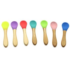 Cuillère d'alimentation en Silicone pour bébé, cuillères à tête souple, cuillère en bois et Silicone, manche en bois, couverts pour les tout-petits et les nourrissons