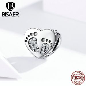 Huellas de bebé BISAER 925 Plata de Ley TE AMO MI BEBÉ Encantos Huellas Cuentas aptos Pulseras para niños Joyería DIY ECC1395 Q0531