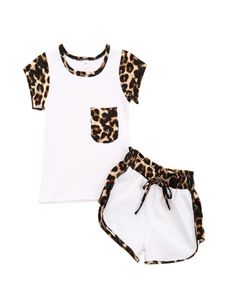 Ensemble de vêtements pour bébé fille, manches courtes, imprimé léopard, patchwork, col rond, poche, chemisier, pantalon court, ensemble de vêtements d'été pour bébé, 1182687